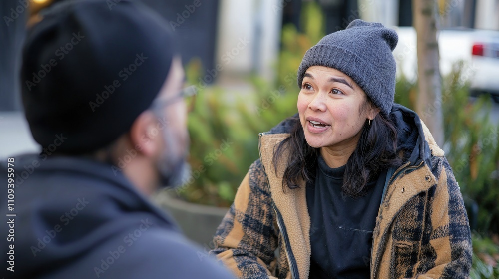 A social worker talking to a homeless person outside a shelter, reflecting compassionate assistance efforts. A social worker talking to a homeless person outside a shelter, reflecting compassionate assistance efforts.