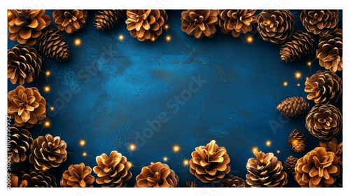A frame of mini pine cones mixed with warm holiday lights