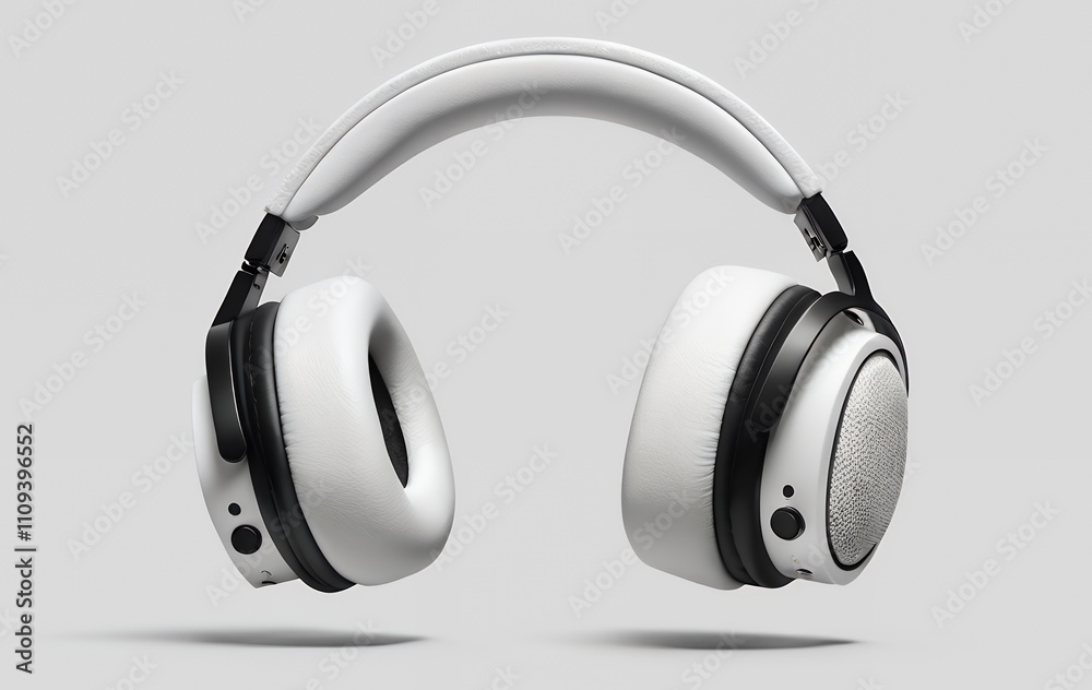 White wireless over-ear headphones with black accents, floating on a gray background. White wireless over-ear headphones with black accents, floating on a gray background.