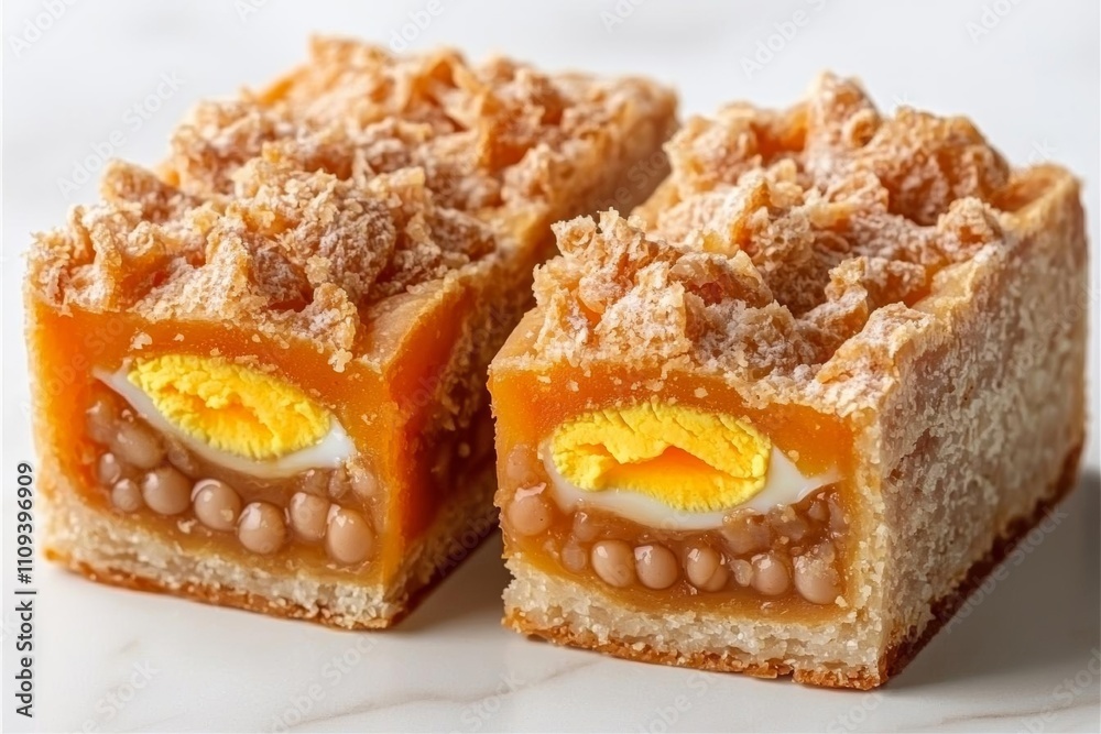 High angle view of whole and two halves chinese pastry or moon cake filled with sweet mung bean paste and salted egg yolk High angle view of whole and two halves chinese pastry or moon cake filled with sweet mung bean paste and salted egg yolk