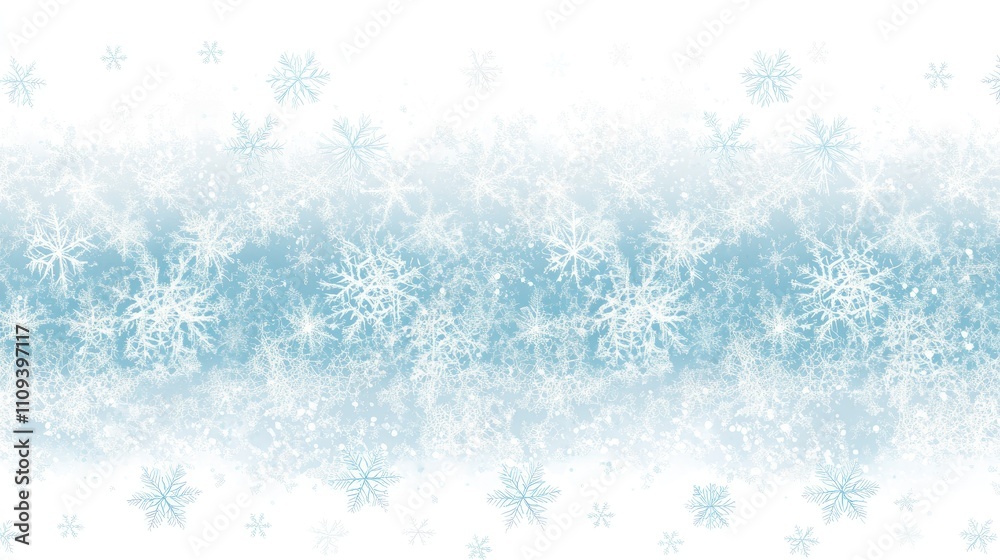 A frosty winter wonderland background with an array of intricate snowflake designs; delicate, varied patterns scatter across a soft white and icy blue gradient.