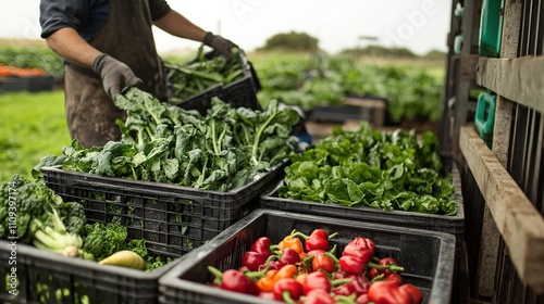 Fresh vegetable crates being loaded onto a delivery vehicle at an organic farm. photo