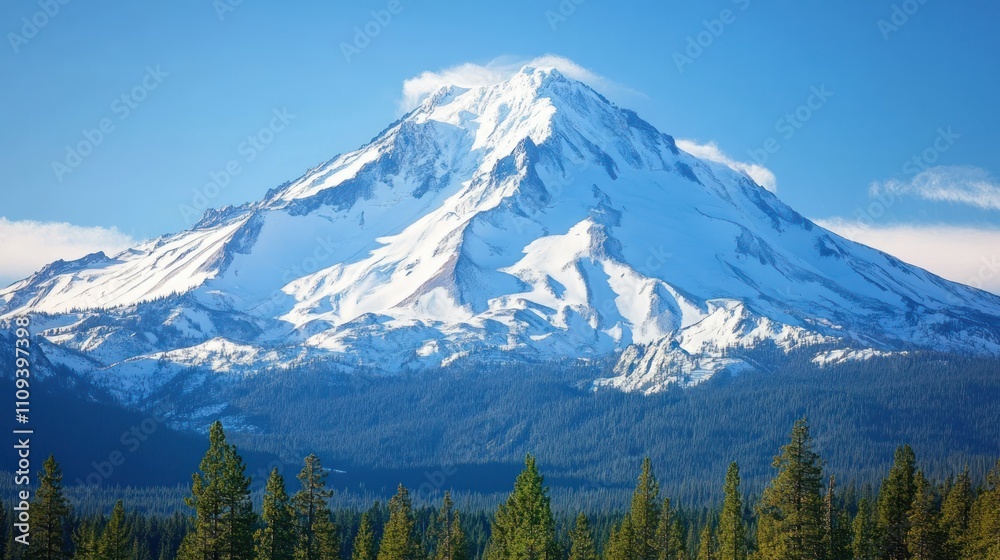 Fototapeta premium Majestic snow-capped mountain against a clear blue sky.
