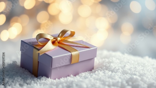 A delicate purple gift box tied with a golden ribbon sits nestled in a bed of pristine white snow, bathed in the soft glow of bokeh lights.