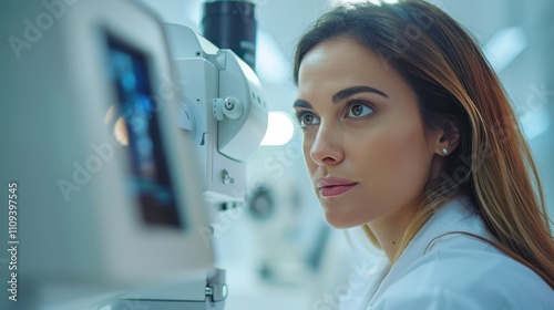 A focused woman in a lab coat examines an eye examination device in a modern clinical setting, highlighting precision in vision care.