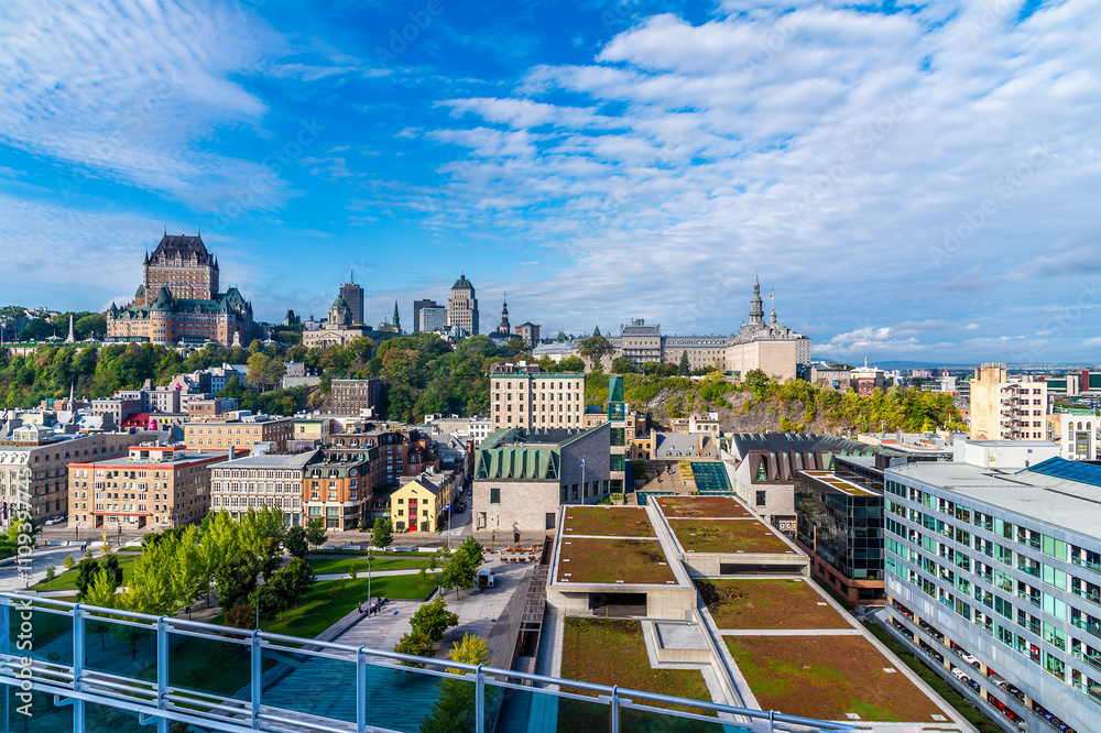 Obraz premium A view towards the center of Quebec city from a cruise ship moored at the cruise terminal in the fall