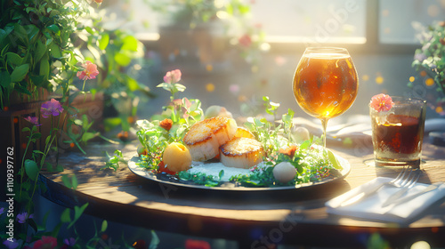 An Elegant Dining Setup Showcasing Gourmet Seared Scallops with Magnificent Presentation