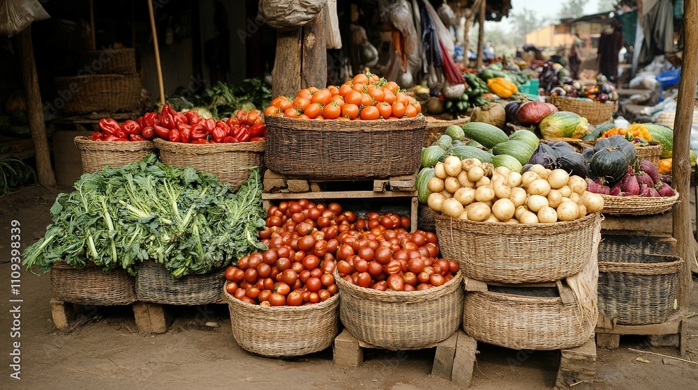 Obraz premium Freshly harvested vegetables displayed in baskets and crates at an open-air market.