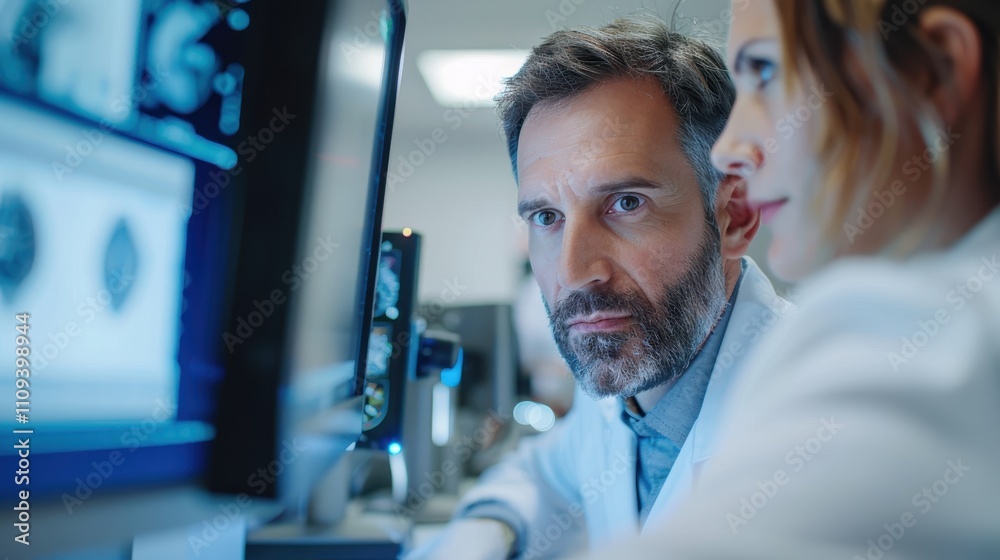 Two medical professionals review diagnostic images on a computer screen, focused on patient results in a clinical setting. Two medical professionals review diagnostic images on a computer screen, focused on patient results in a clinical setting.