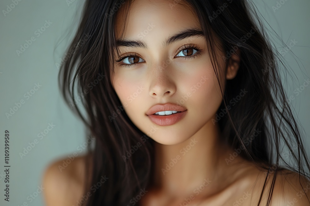 Naklejka premium Radiant Young Woman Beauty Shot Subtle Makeup, Soft Lighting