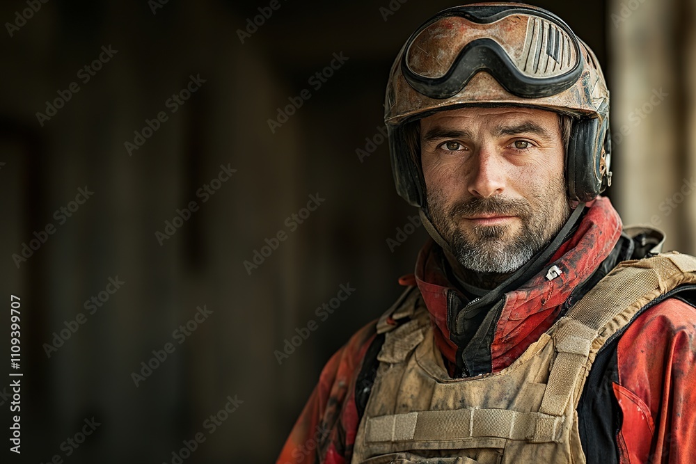 Fototapeta premium Rugged man in tactical gear with goggles looking thoughtful.
