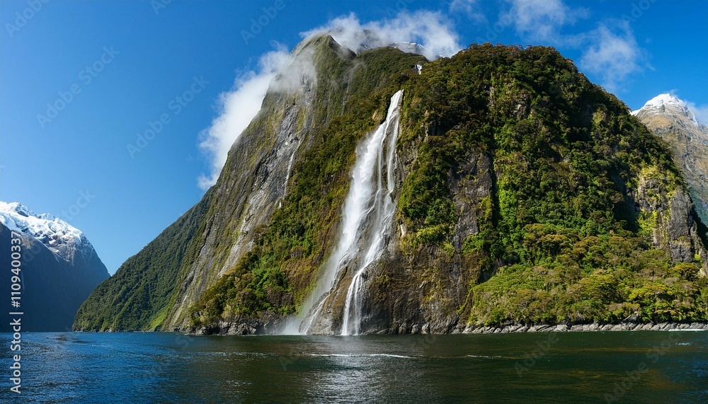 scenic cruise with natural cascade on mountain in fjord at milford sound new zealand scenic cruise with natural cascade on mountain in fjord at milford sound new zealand