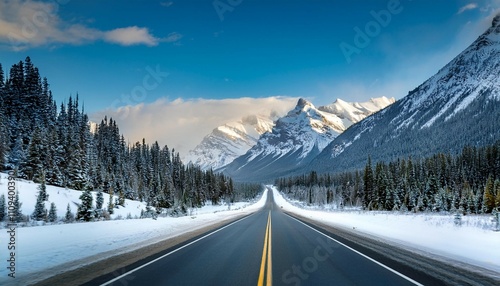 road trip with on highway road with snow covered rocky mountains in winter at kootenay plains area canada