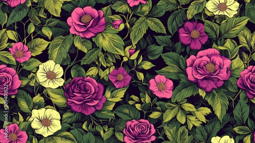 Seamless vintage floral pattern featuring stylized pink green and magenta roses with lush green leaves ideal for digital paper and fabric printing