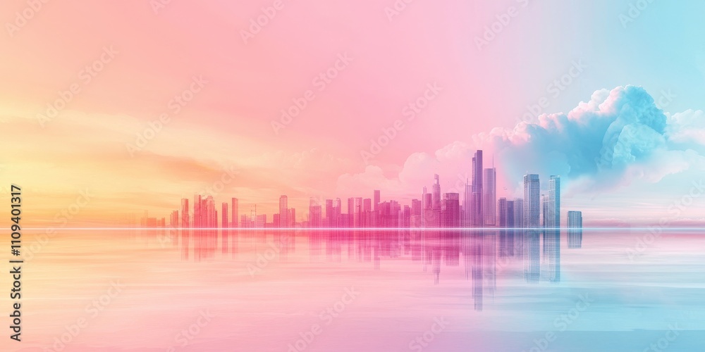 Fototapeta premium A stunning skyline at sunset reflecting vibrant colors on calm waters.