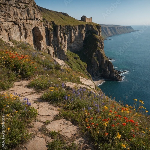 A cliffside fortress with wildflowers growing along the rugged path.