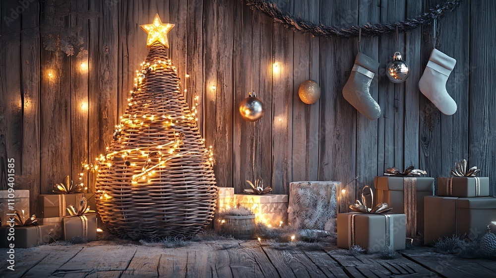 Fototapeta premium Festive Christmas Decorations with Snow, Pinecones, and Baubles for the Holiday Season