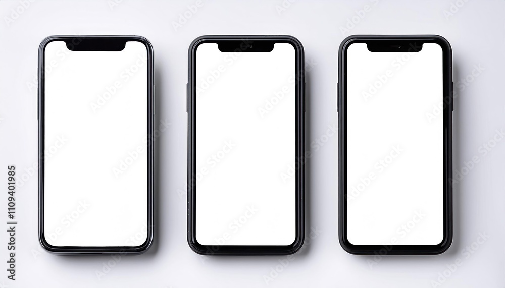 Mobile App Mockups – Black Phone with Blank Screen, Three Responsive Screens Mobile App Mockups – Black Phone with Blank Screen, Three Responsive Screens
