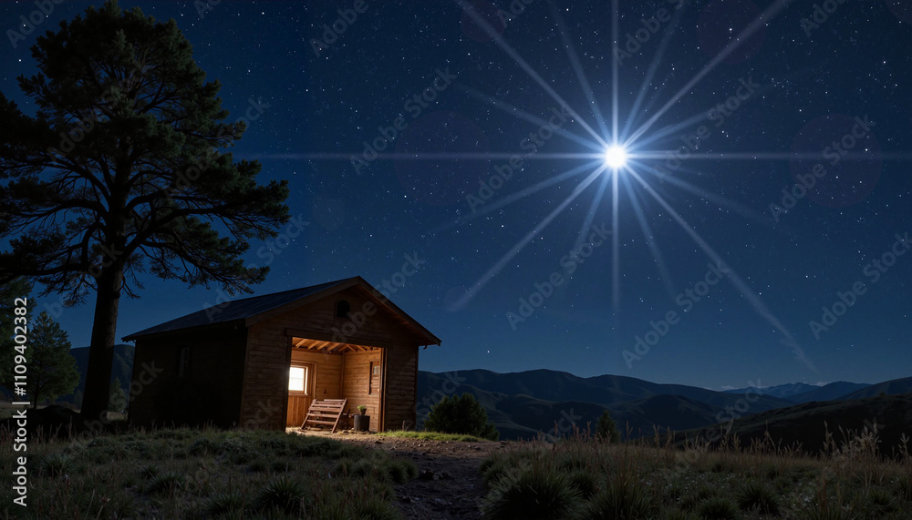 Naklejka premium Starry night with a cabin and bright star, Father's Day serenity. 