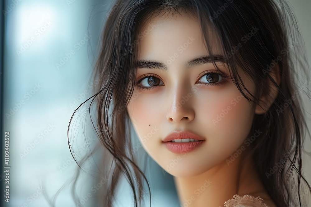 Naklejka premium Serene Asian Woman Golden Hour Bokeh Portrait