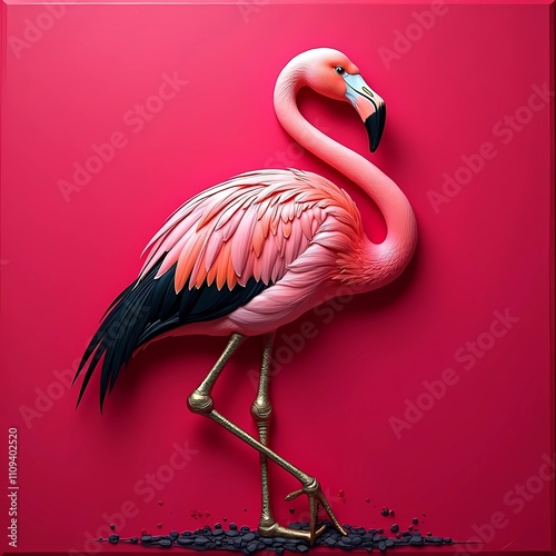 3d illustration of gold pink flamingo isolated on pink background