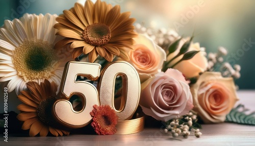 50th year or anniversary celebration with flowers surround the number 50; anniversary and celebration photo