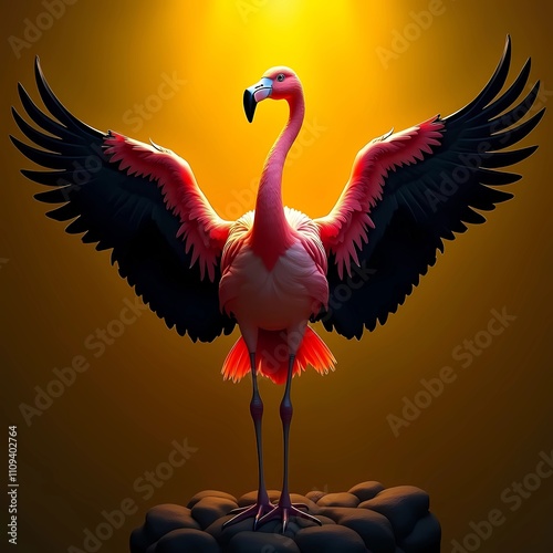 3d illustration of gold pink flamingo with open wings isolated on deep yellow  background