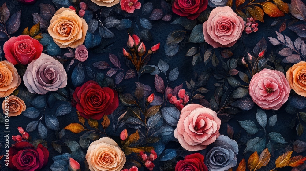 Seamless pattern of watercolor rose bouquets with wild spring leaves perfect for textile design and home decor Seamless pattern of watercolor rose bouquets with wild spring leaves perfect for textile design and home decor