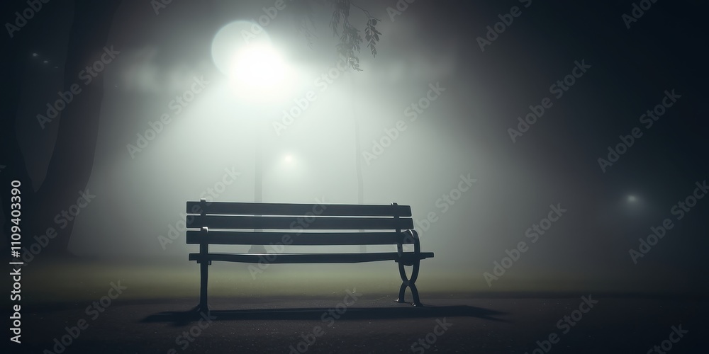 A solitary wooden bench stands under a soft glow of streetlights in a misty night park. A solitary wooden bench stands under a soft glow of streetlights in a misty night park.