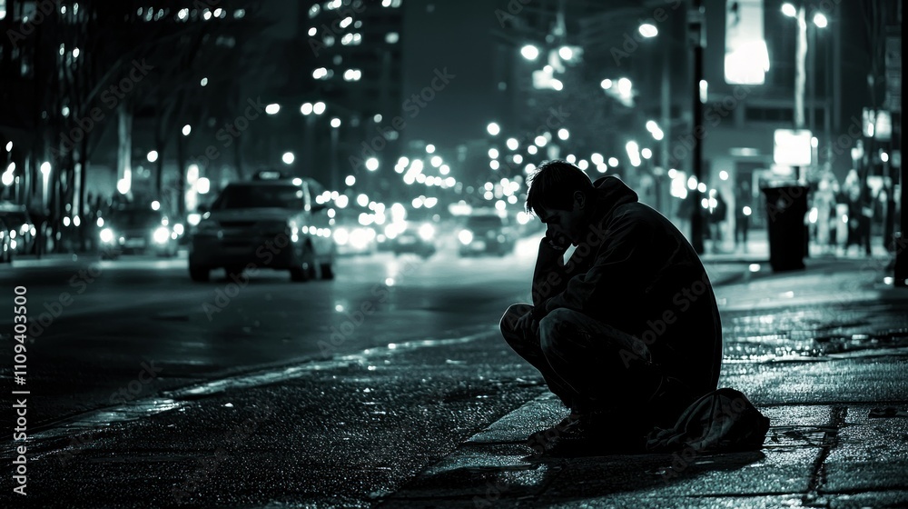 Obraz premium A dark, desolate street scene representing the isolation and hardship associated with homelessness.