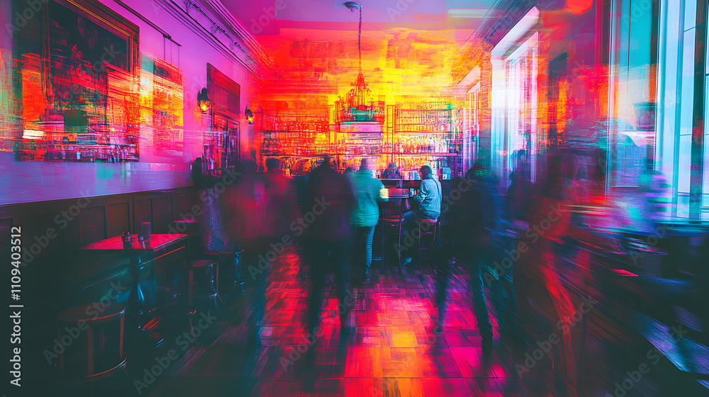 A Bustling CafÚ Scene Representing Anxiety: Capturing the Overwhelming Chaos of Internal Fear and Turmoil
