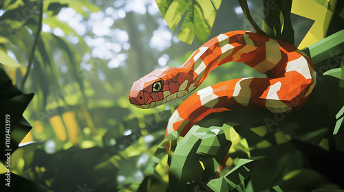 A Striking Low Poly Illustration of a Coral Snake That Evokes Ophidiophobia in a Lush Jungle Environment photo