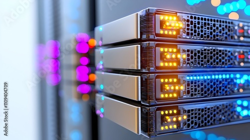 Futuristic Data Server Farm with Blinking Lights on White Background photo