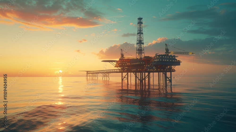 An offshore oil rig stands silhouetted against a breathtaking sunset, reflecting warm hues on the calm ocean, under a sky filled with dramatic clouds. A tranquil yet industrial scene. An offshore oil rig stands silhouetted against a breathtaking sunset, reflecting warm hues on the calm ocean, under a sky filled with dramatic clouds. A tranquil yet industrial scene.