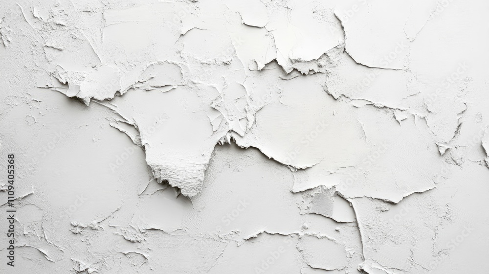 Naklejka premium Textured white wall with peeling paint, creating an aged and rustic appearance.
