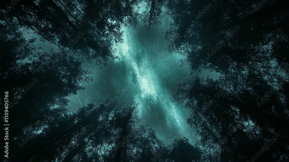 Mystical forest canopy with ethereal light. Mystical forest canopy with ethereal light.