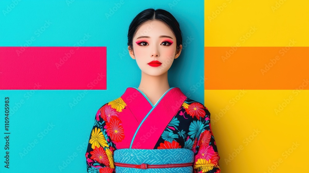 Elegant young woman in traditional attire against vibrant colors Elegant young woman in traditional attire against vibrant colors