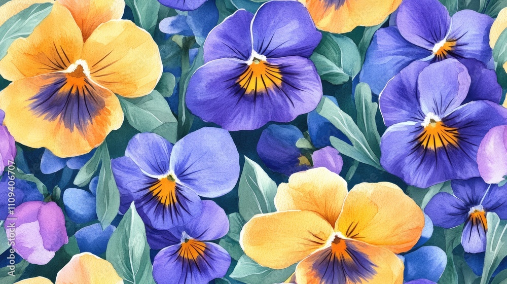 Seamless watercolor pattern featuring a bouquet of vibrant spring flowers yellow globeflower and viola ideal for fabric design or greeting cards Seamless watercolor pattern featuring a bouquet of vibrant spring flowers yellow globeflower and viola ideal for fabric design or greeting cards