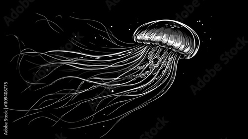 Jellyfish in dark water. Abyssal. Illustration