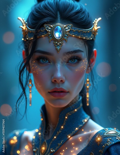 a female warrior with smooth facial features living in the future in the year 2351, blue yellow green purple colors, lights and lights and sparkles, mysticism, karma philosophy photo