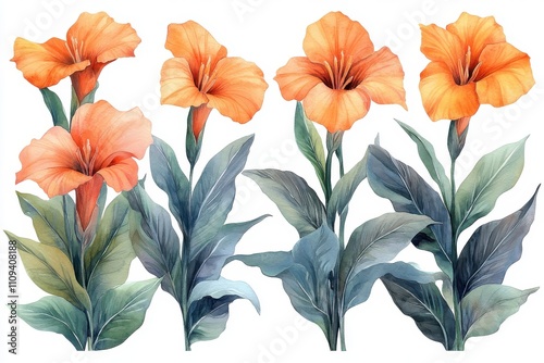 A watercolor illustration of vibrant orange flowers with green leaves.