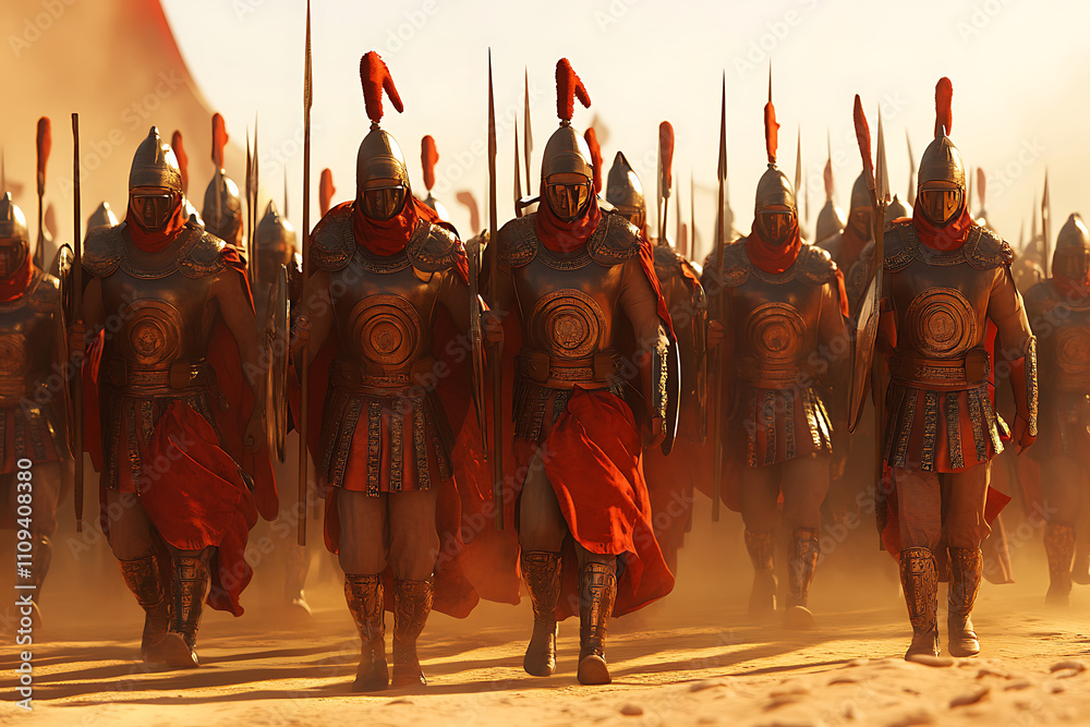 Fototapeta premium A group of armored warriors marching through a dusty landscape, showcasing strength and unity.