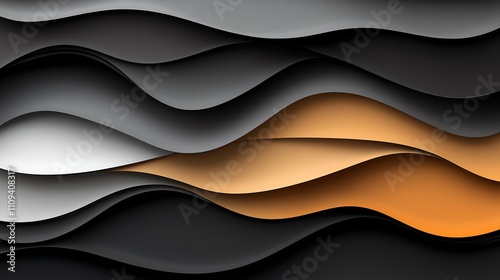 An abstract design featuring flowing waves in shades of black, white, and orange. This composition showcases a modern aesthetic, perfect for backgrounds or creative projects.