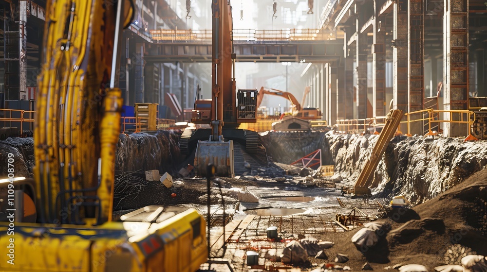 Hyper realistic construction site view featuring open trench and machinery under midday lighting Hyper realistic construction site view featuring open trench and machinery under midday lighting