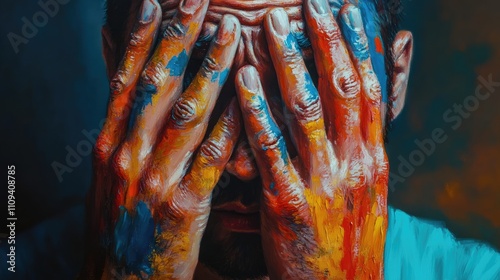 A male artist in distress, his colorful, paint-stained hands covering his face, reflecting a mix of emotions.