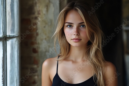 Serene Model Portrait Warm Natural Light, Smooth Skin