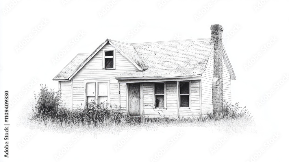 Abandoned white wooden house surrounded by overgrown grass, evoking nostalgia and solitude. Abandoned white wooden house surrounded by overgrown grass, evoking nostalgia and solitude.