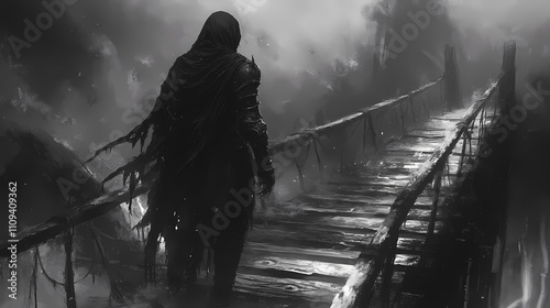 An abyssal knight, draped in tattered, dark armor that pulses with a faint, eerie glow, stands on a creaking wooden bridge. Abyssal. Illustration