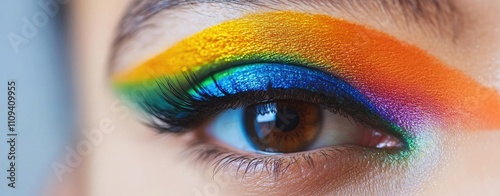 Close-up of an eye with rainbow-colored makeup, symbolizing the pride and diversity within different cultures celebrating the LGBTQ+ photo