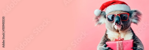 Koala in a Santa Claus hat and sunglasses holds a gift box on a pink background, with space for text. A Christmas card with a cute animal character, funny koalas in a New Year's costume